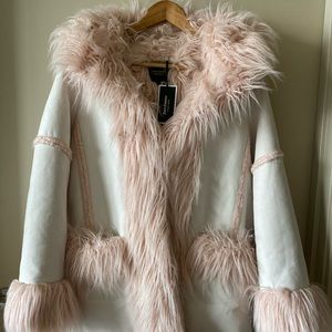 Juicy Couture Pink and Cream Faux Fur Trim Coat